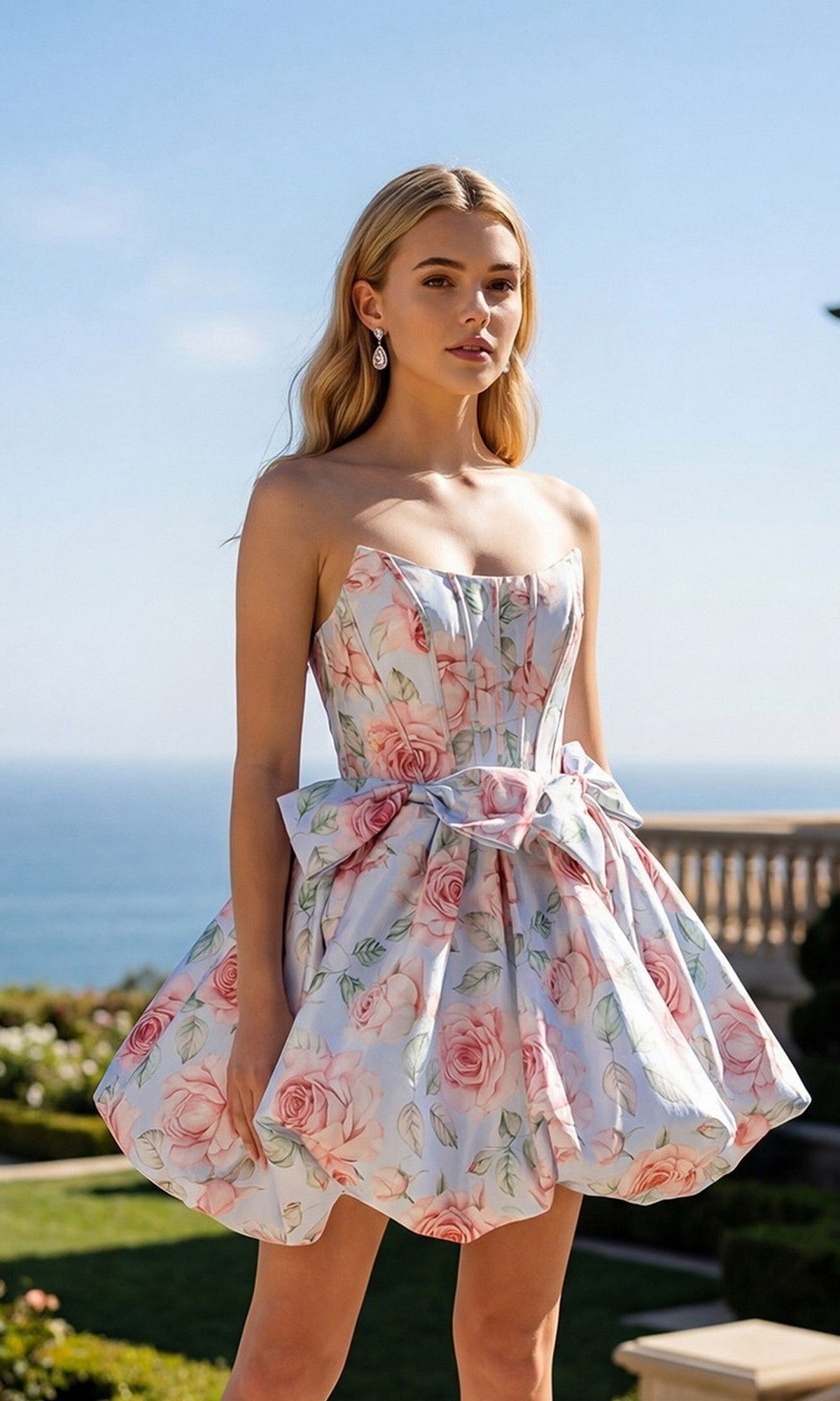 A young woman stands outdoors near a railing with the ocean and clear blue sky in the background, wearing the Juliet JT7178U short homecoming dress in Blue Floral, which features a strapless bodice and an A-line bubble skirt.